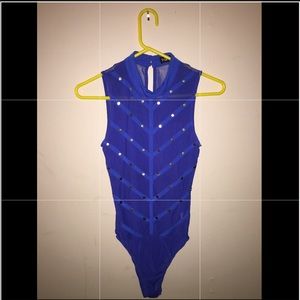 Top Chic royal blue sheer bodysuit w/ gold buttons